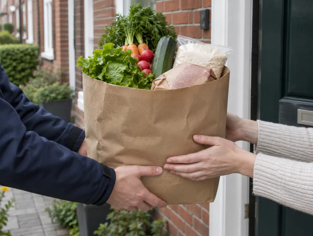 Een bezorger geeft een papieren tas met boodschappen af aan de deur