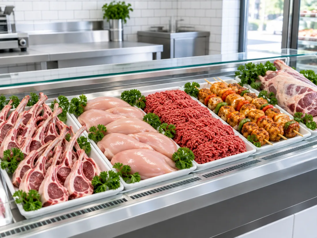 De vitrine van de slager met lamskoteletten, kipfilet, gehakt en spiesen